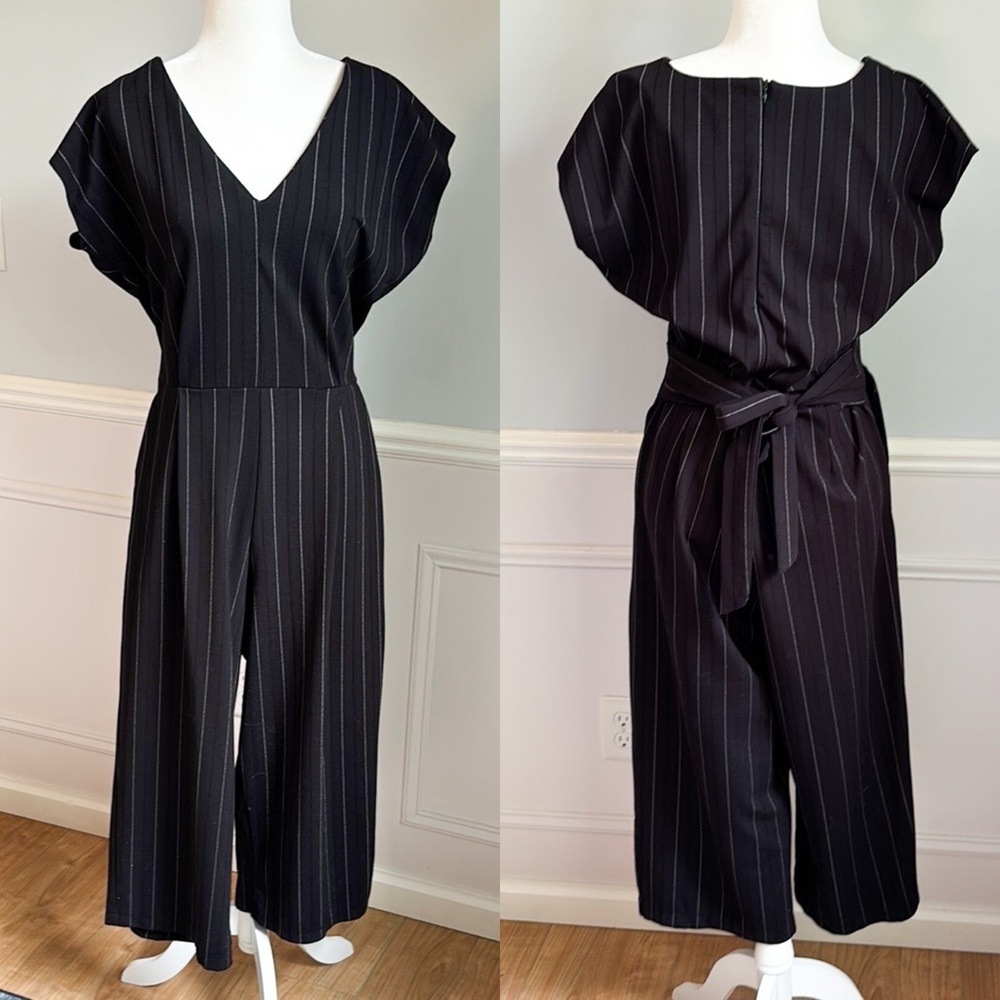 bishop + young Black Cropped Wide Leg Jumpsuit Pinstripes V-Neck Size Large